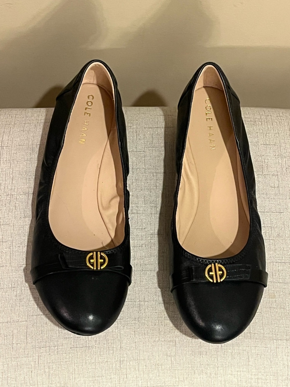 NWOB Cole Haan Black Leather Ballet Flats with Gold Logo Accent, 9.5